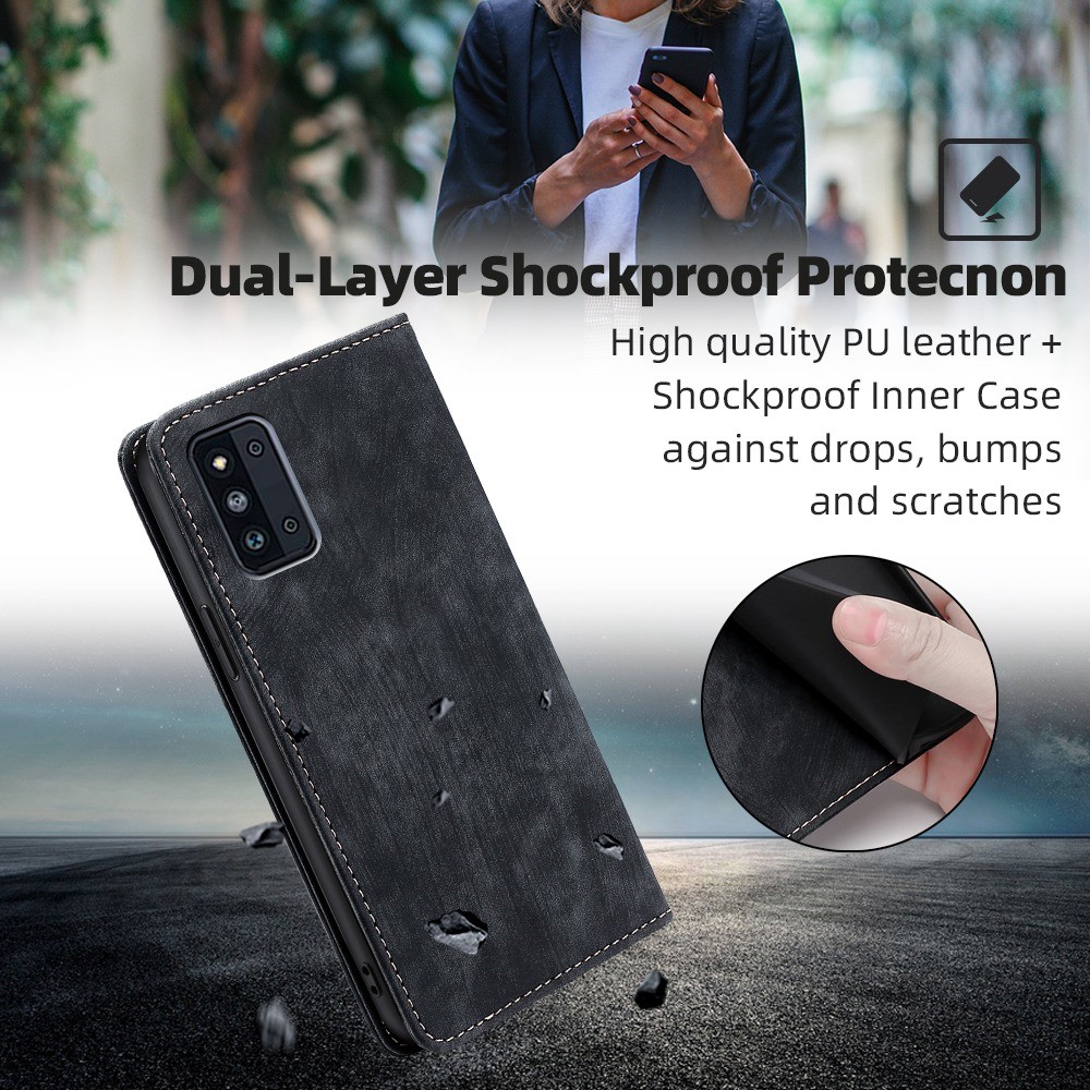Anti-scratch Phone Wallet Case For Samsung Galaxy F52 5G, Full Protection PU Leather Flip Cover Stand RFID Blocking Magnetic Phone Shell - Black-6