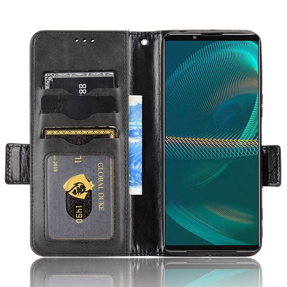 Triangle Pattern Imprinted Case for Sony Xperia 5 III 5G, Stand Design PU Leather Wallet Function Magnetic Cell Phone Protector with Strap - Black-2