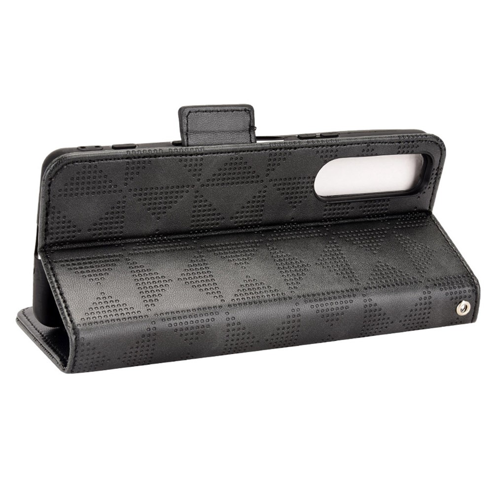 Triangle Pattern Imprinted Case for Sony Xperia 5 III 5G, Stand Design PU Leather Wallet Function Magnetic Cell Phone Protector with Strap - Black-3