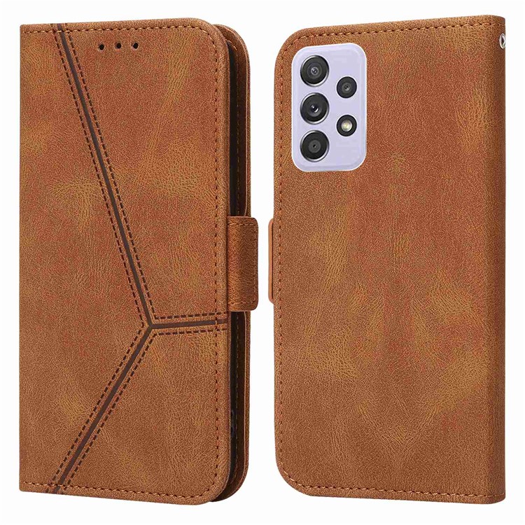 For Samsung Galaxy A52 4G / A52 5G / A52s 5G Anti-fall Line Imprinted Phone Case PU Leather Wallet Stand Protective Mobile Phone Cover - Brown-1