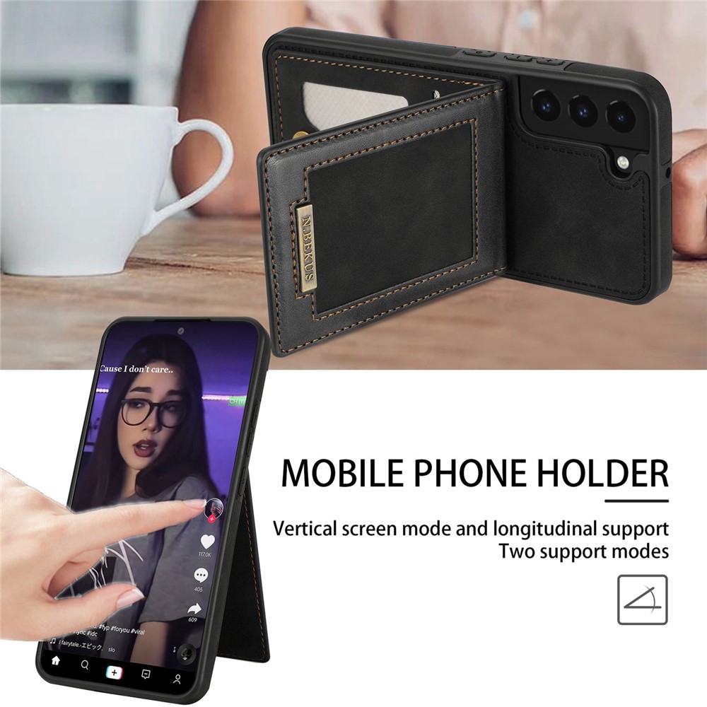 N.BEKUS RFID Blocking Back Cover Kickstand for Samsung Galaxy S21 FE 5G, Well-protected Vertical Phone Case Card Holder PU Leather+TPU Phone Shell - Black-5