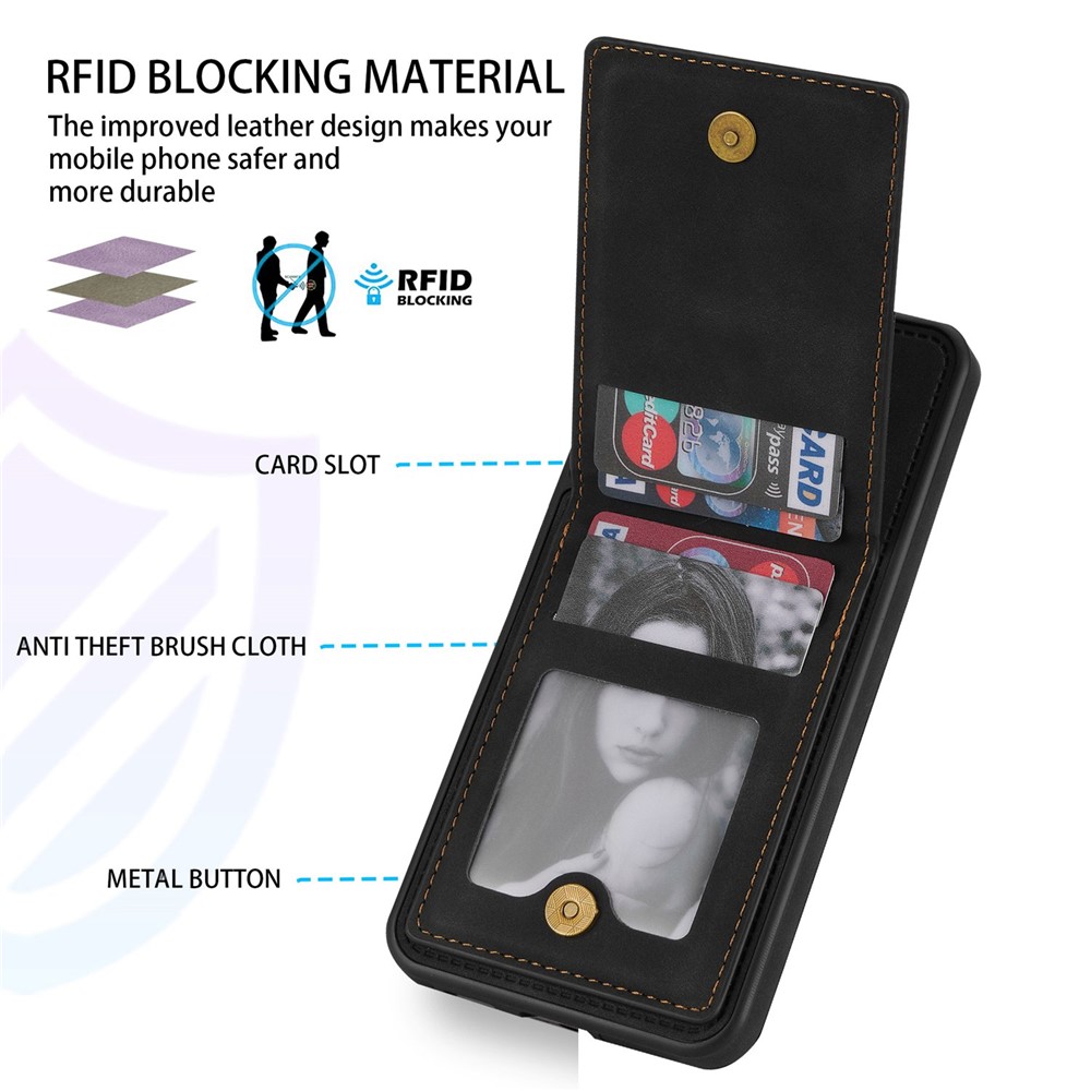 N.BEKUS RFID Blocking Back Cover Kickstand for Samsung Galaxy S21 FE 5G, Well-protected Vertical Phone Case Card Holder PU Leather+TPU Phone Shell - Black-7