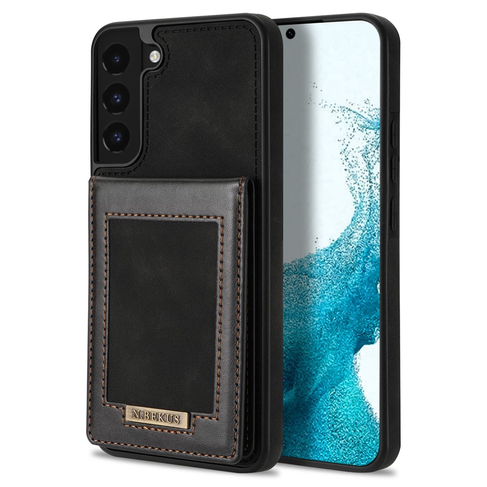 N.BEKUS for Samsung Galaxy S22+ 5G Well-protected Vertical Phone Case Card Holder Kickstand PU Leather+TPU RFID Blocking Anti-scratch Phone Cover - Black-10