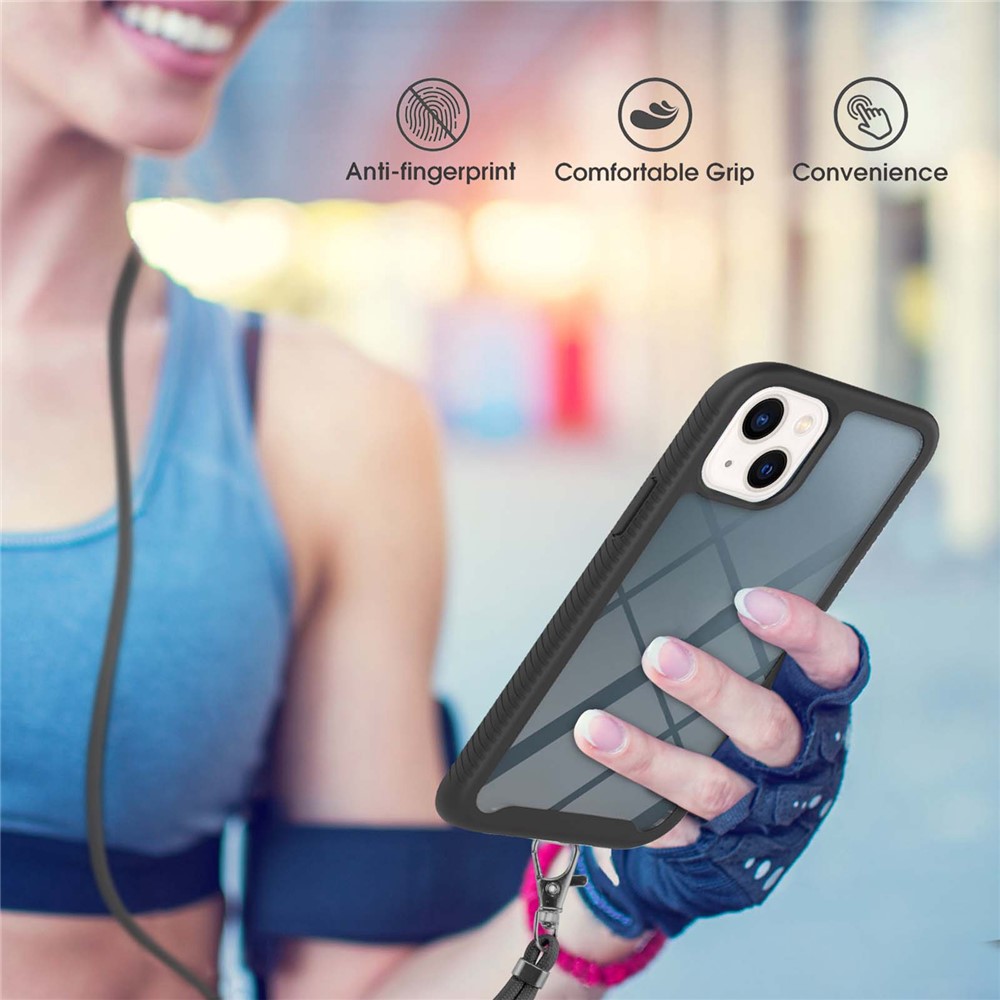 YB PC Series-4 Cell Phone Case for iPhone 14 6.1 inch, Drop-proof PC + TPU Hybrid Cover with Lanyard - Black-5