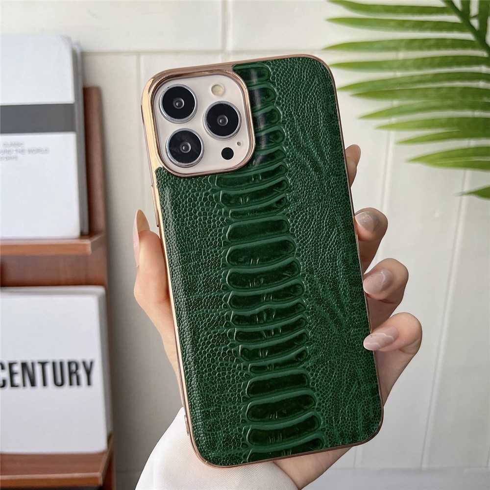 For iPhone 13 Pro 6.1 inch Anti-fall Phone Case Stylish Crocodile Texture Genuine Leather+PC+TPU Non-slip Well Protection Phone Cover - Green-2