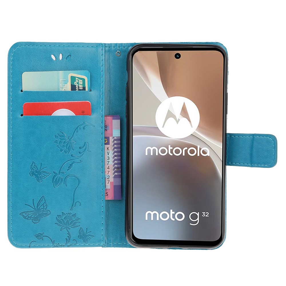 For Motorola Moto G32 4G Butterfly Flower Imprinted Flip Case PU Leather Stand Wallet Phone Cover with Hand Strap - Blue-2