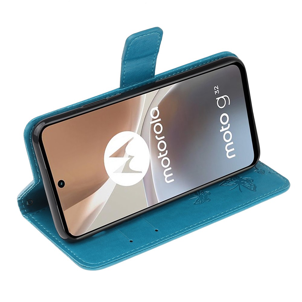 For Motorola Moto G32 4G Butterfly Flower Imprinted Flip Case PU Leather Stand Wallet Phone Cover with Hand Strap - Blue-3