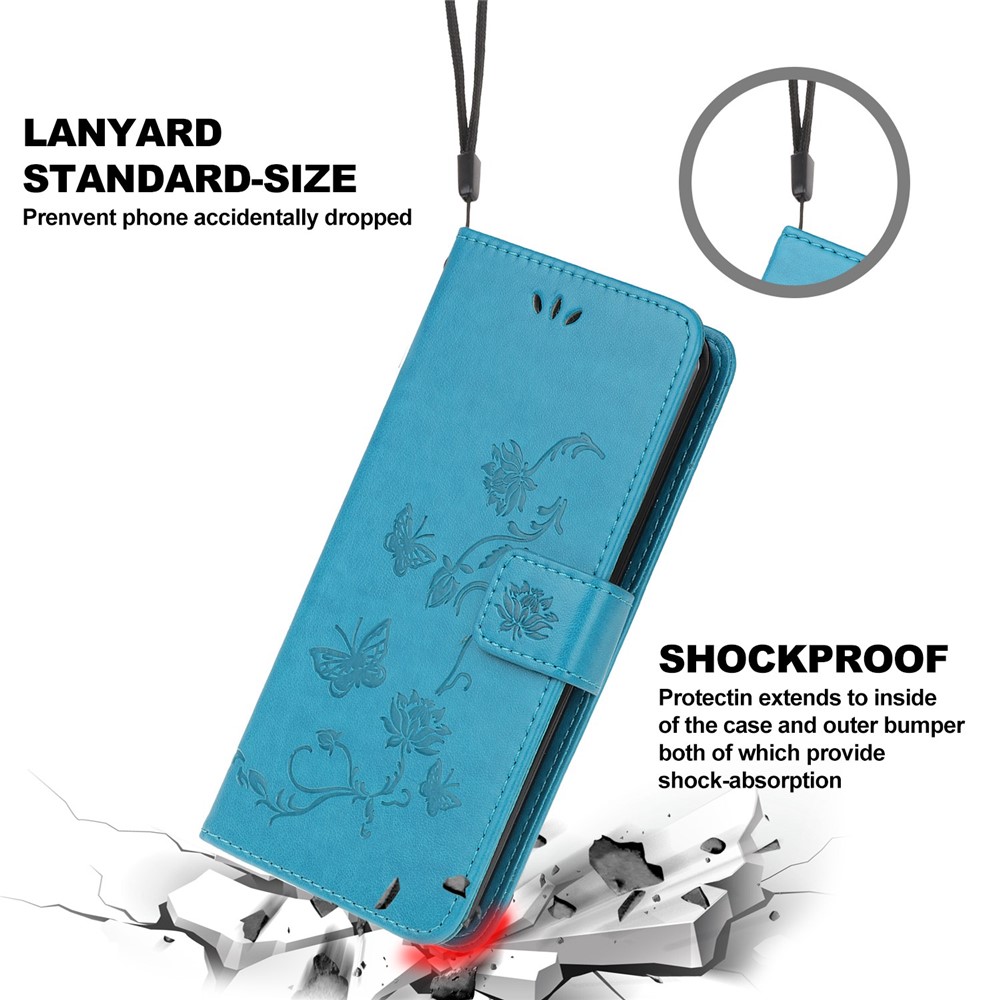 For Motorola Moto G32 4G Butterfly Flower Imprinted Flip Case PU Leather Stand Wallet Phone Cover with Hand Strap - Blue-5