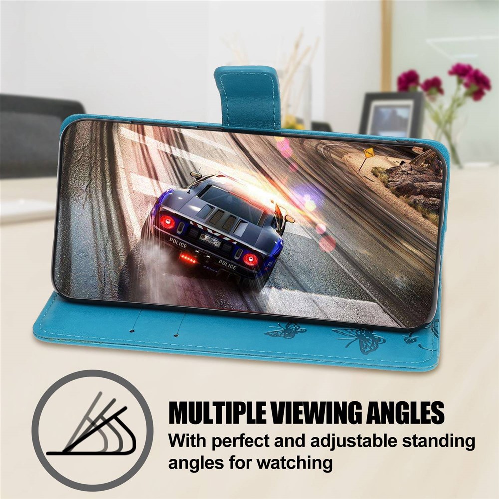 For Motorola Moto G32 4G Butterfly Flower Imprinted Flip Case PU Leather Stand Wallet Phone Cover with Hand Strap - Blue-7