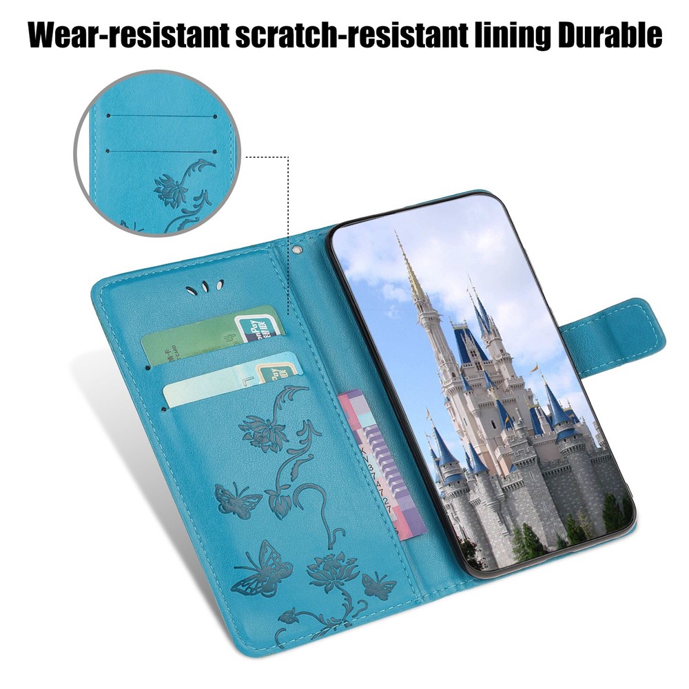 For Motorola Moto G32 4G Butterfly Flower Imprinted Flip Case PU Leather Stand Wallet Phone Cover with Hand Strap - Blue-8