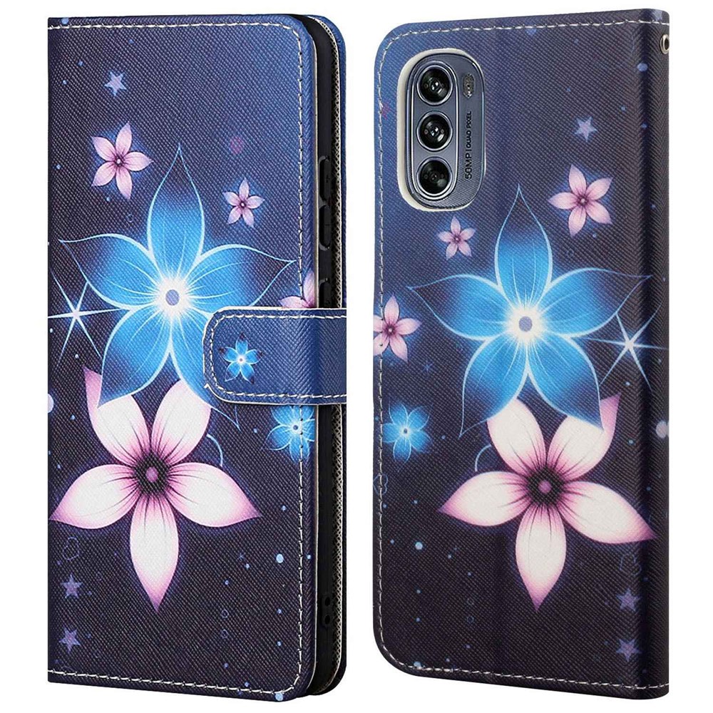 For Motorola Moto G62 5G PU Leather + TPU Cross Texture Cover 3D Pattern Printing Stand Wallet Feature Mobile Phone Case with Strap - Blue Flower-1