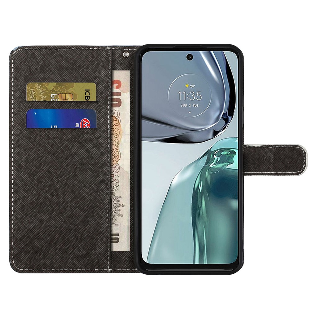 For Motorola Moto G62 5G PU Leather + TPU Cross Texture Cover 3D Pattern Printing Stand Wallet Feature Mobile Phone Case with Strap - Blue Flower-2