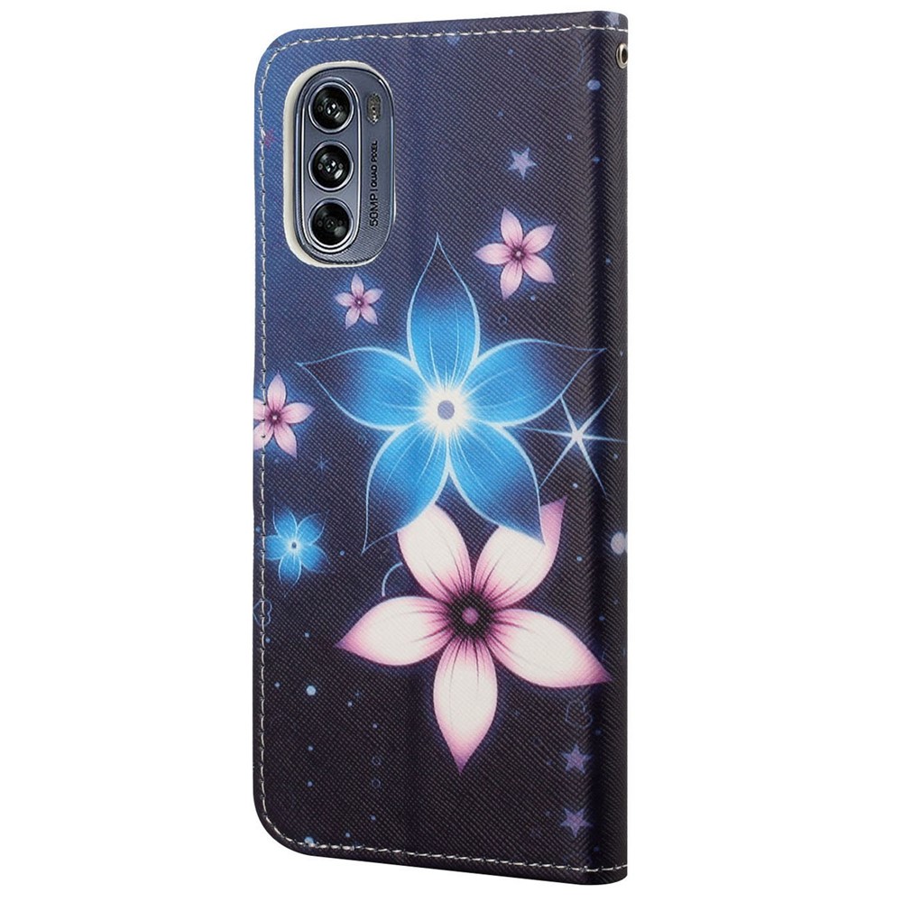 For Motorola Moto G62 5G PU Leather + TPU Cross Texture Cover 3D Pattern Printing Stand Wallet Feature Mobile Phone Case with Strap - Blue Flower-5