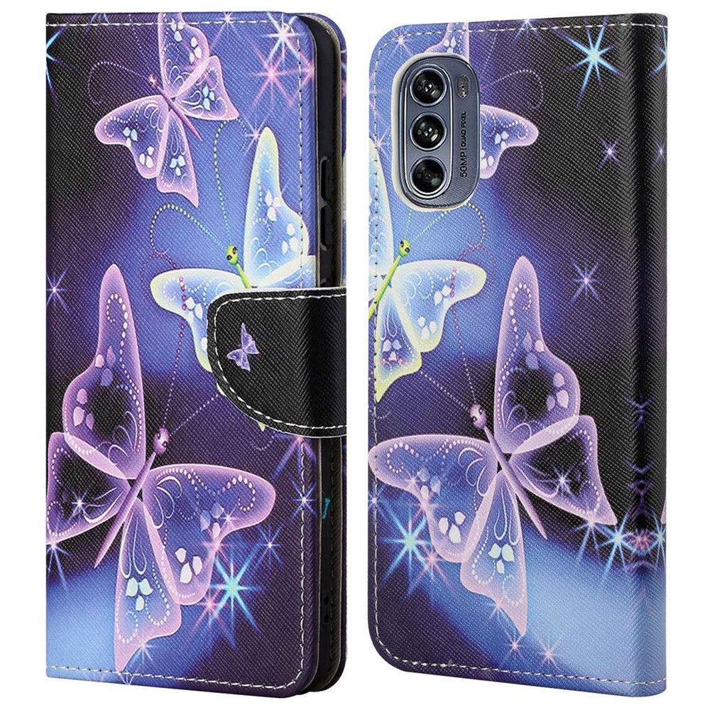 For Motorola Moto G62 5G Pattern Printing PU Leather Anti-scratch Anti-drop Cover Cross Texture Stand Wallet Feature Soft Inner TPU Book Case - Sparkling Butterflies-1