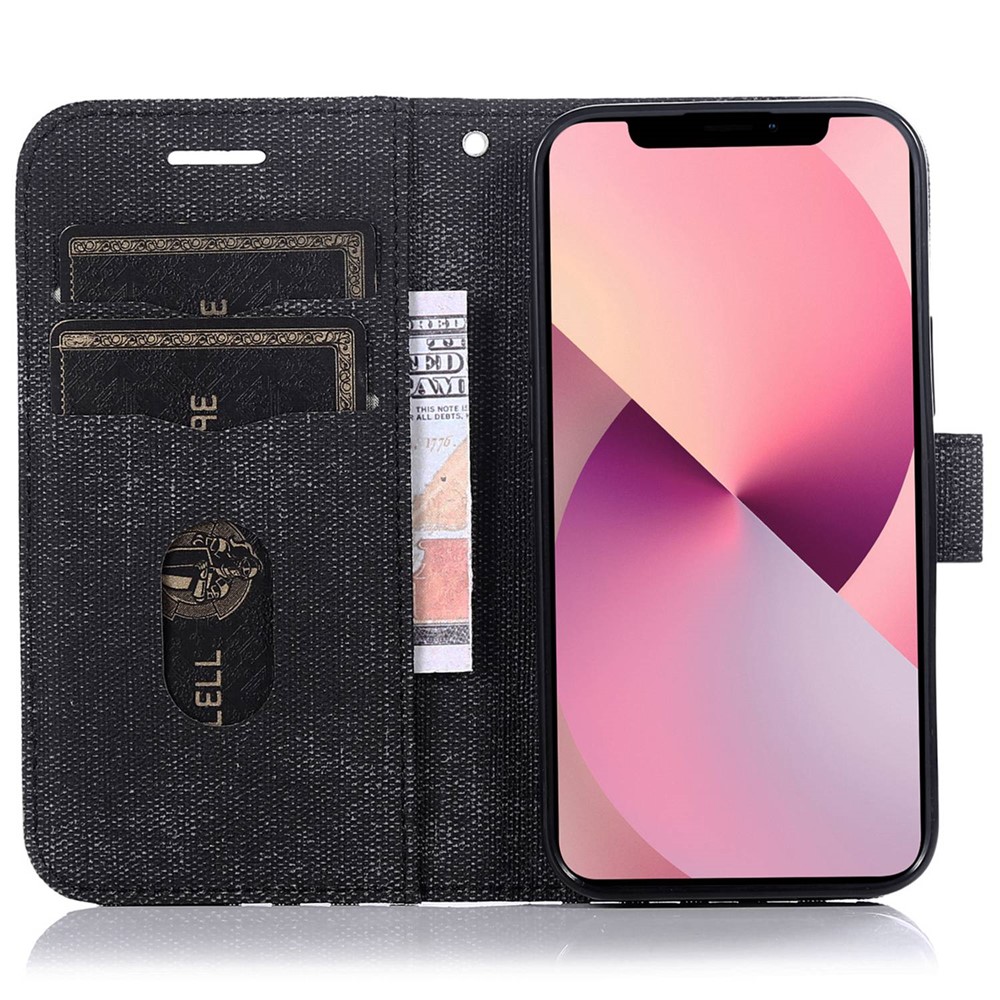 For iPhone 13 mini 5.4 inch Anti-fall Phone Wallet Case Cloth Texture PU Leather RFID Blocking Phone Cover Stand - Black-2