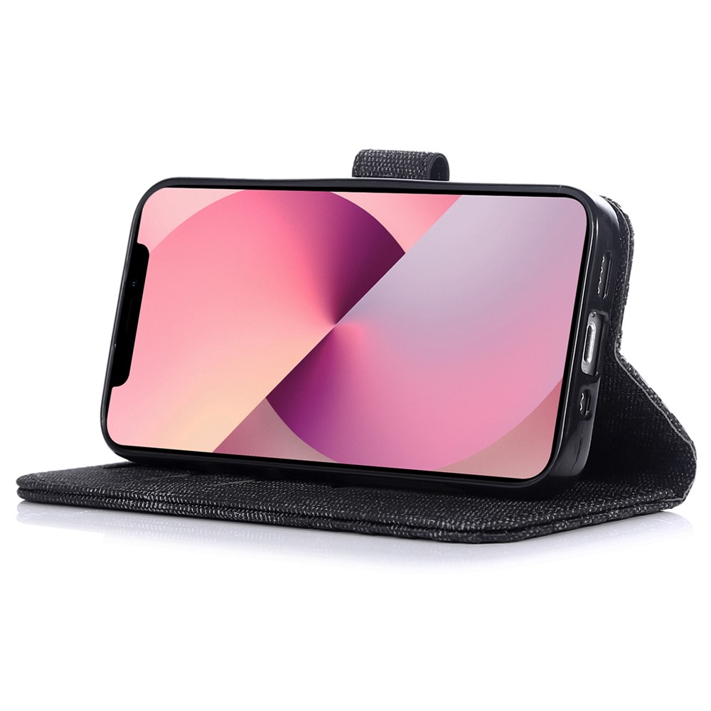 For iPhone 13 mini 5.4 inch Anti-fall Phone Wallet Case Cloth Texture PU Leather RFID Blocking Phone Cover Stand - Black-3