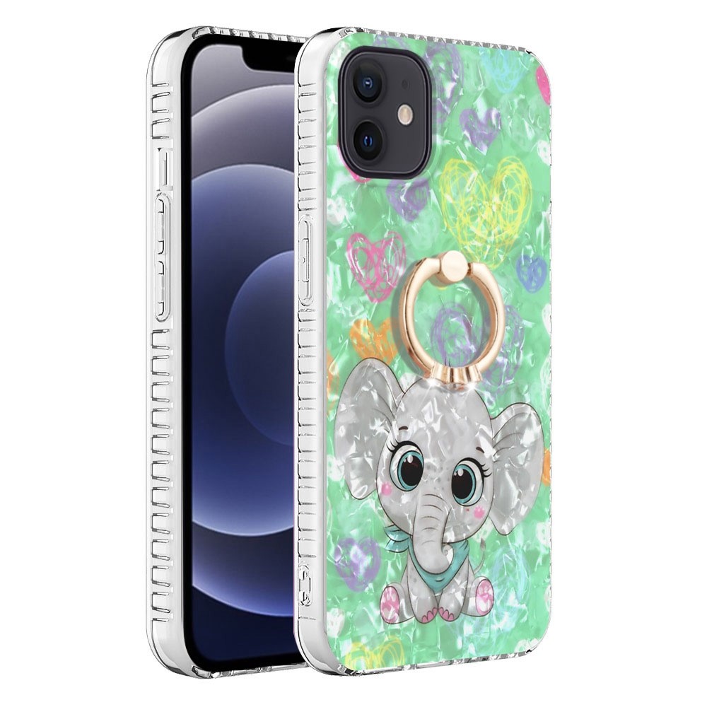 YB IMD Series-14 Mobile Phone Shell for iPhone 12 / 12 6.1 inch, Ring Holder Kickstand 2.0mm TPU Airbags Dual-layer IMD IML Protective Cover - BK009-Elephant-1