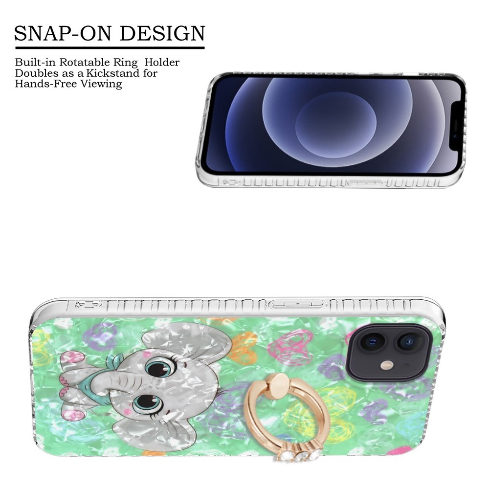 YB IMD Series-14 Mobile Phone Shell for iPhone 12 / 12 6.1 inch, Ring Holder Kickstand 2.0mm TPU Airbags Dual-layer IMD IML Protective Cover - BK009-Elephant-2