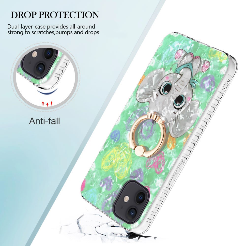YB IMD Series-14 Mobile Phone Shell for iPhone 12 / 12 6.1 inch, Ring Holder Kickstand 2.0mm TPU Airbags Dual-layer IMD IML Protective Cover - BK009-Elephant-3