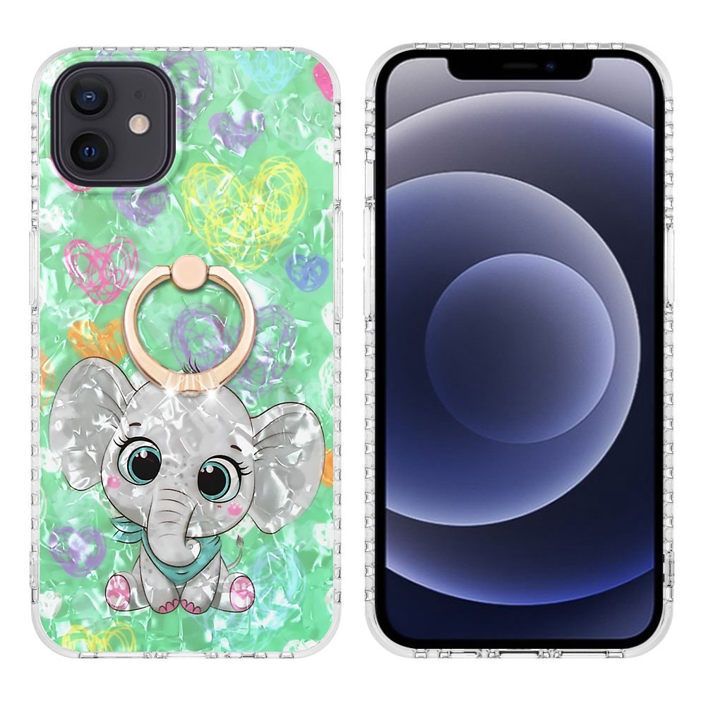 YB IMD Series-14 Mobile Phone Shell for iPhone 12 / 12 6.1 inch, Ring Holder Kickstand 2.0mm TPU Airbags Dual-layer IMD IML Protective Cover - BK009-Elephant-5