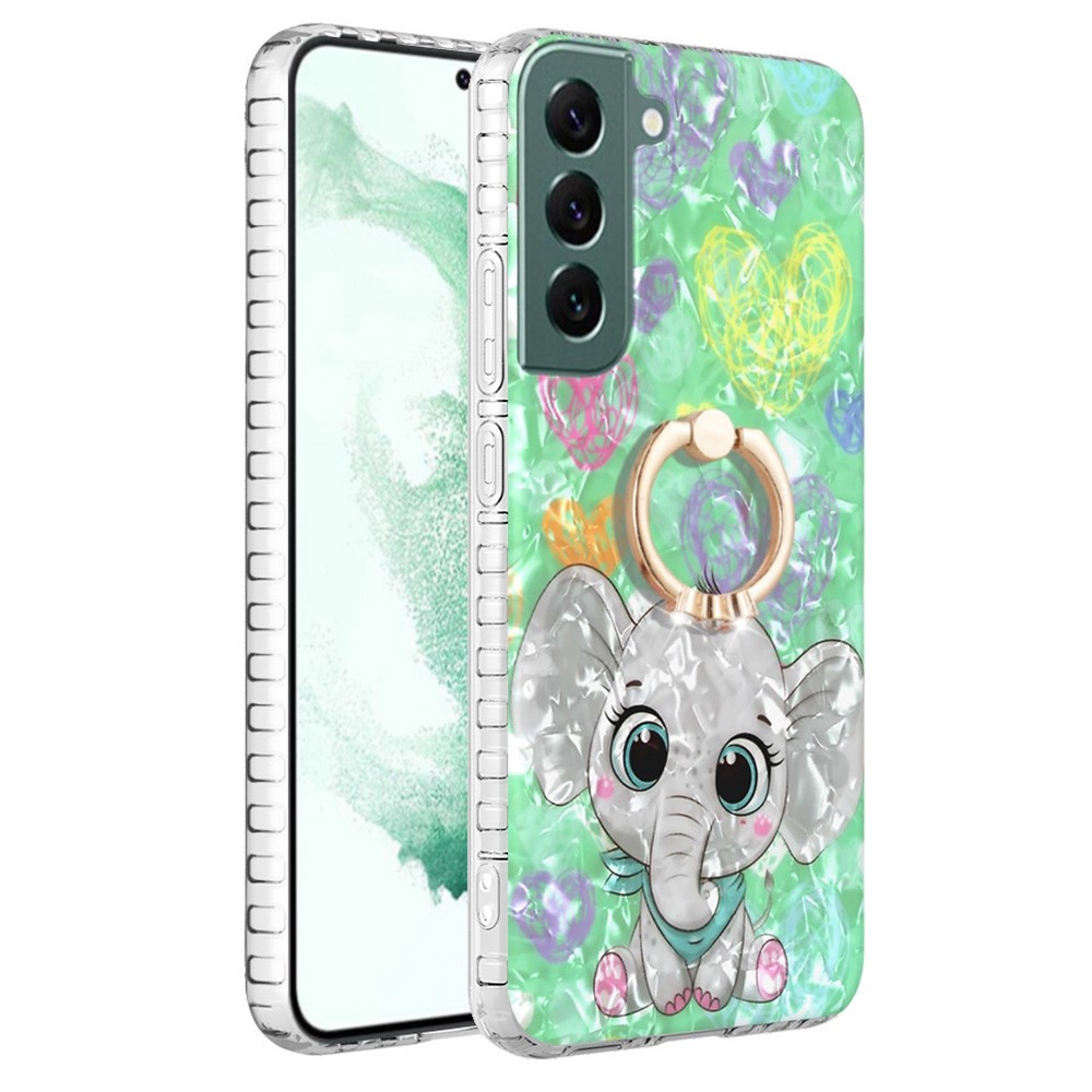 YB IMD Series-14 Cell Phone Back Case for Samsung Galaxy S22 5G, Kickstand Ring Holder 2.0mm Thick TPU Airbags IMD IML Protective Cover - BK009-Elephant-1