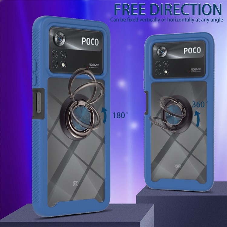 YB PC Series-5 Anti-scratch Back Cover for Xiaomi Poco X4 Pro 5G, Ring Holder Kickstand PC + TPU Hybrid Phone Case - Sapphire-4