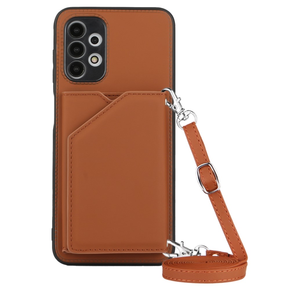 YB-1 Series Back Cover for Samsung Galaxy A13 4G, Skin-touch PU Leather Coated TPU Card Holder Kickstand Feature Anti-scratch Case with Shoulder Strap - Brown-1