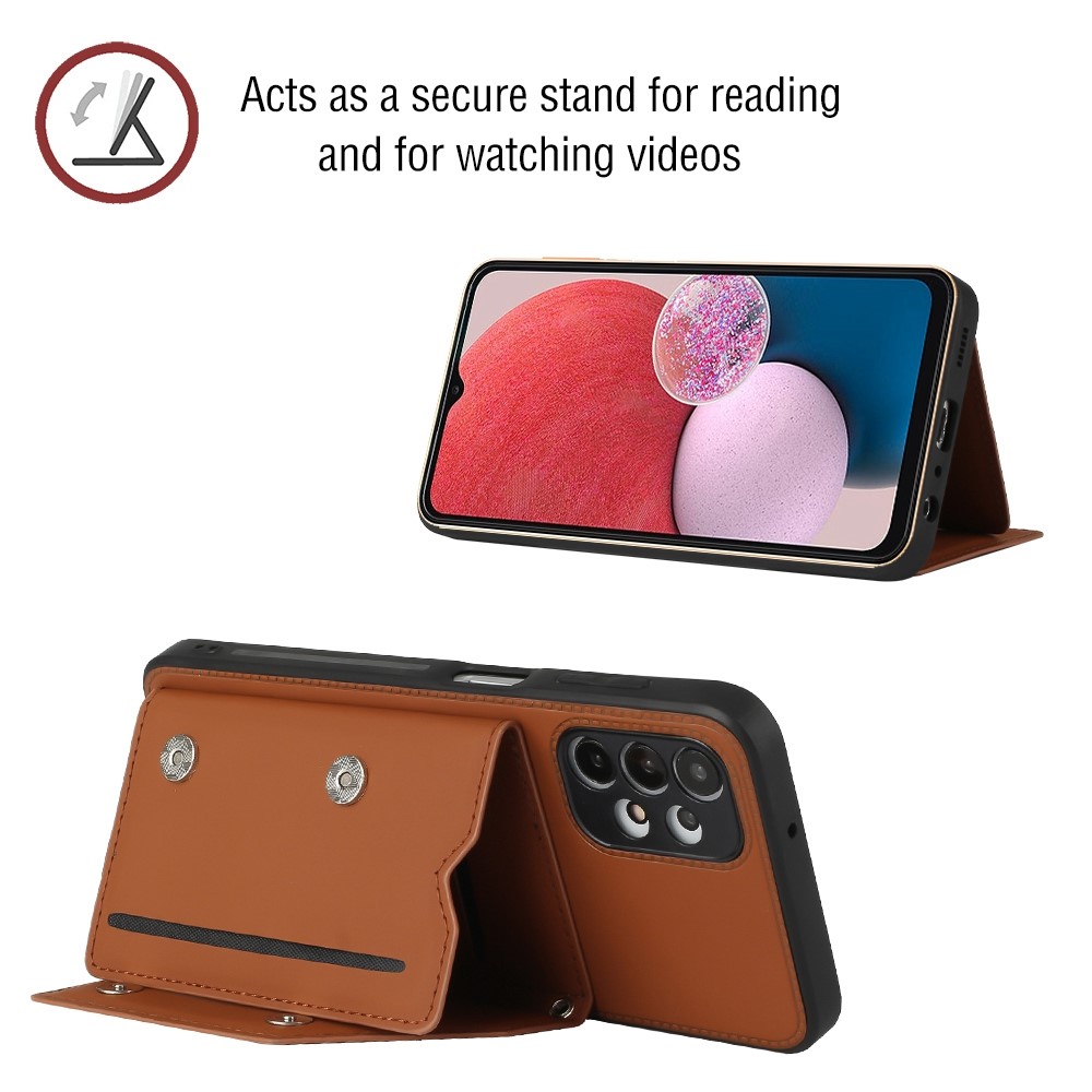 YB-1 Series Back Cover for Samsung Galaxy A13 4G, Skin-touch PU Leather Coated TPU Card Holder Kickstand Feature Anti-scratch Case with Shoulder Strap - Brown-3