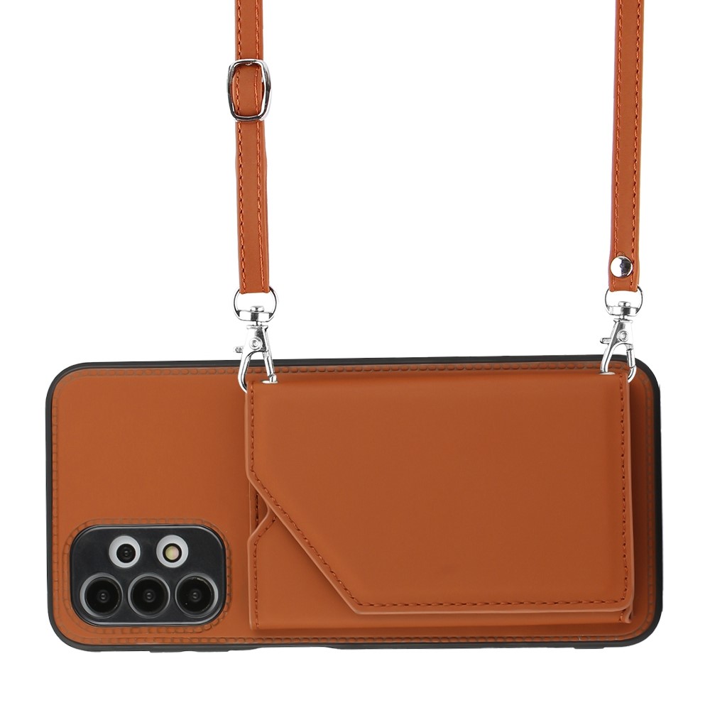 YB-1 Series Back Cover for Samsung Galaxy A13 4G, Skin-touch PU Leather Coated TPU Card Holder Kickstand Feature Anti-scratch Case with Shoulder Strap - Brown-6