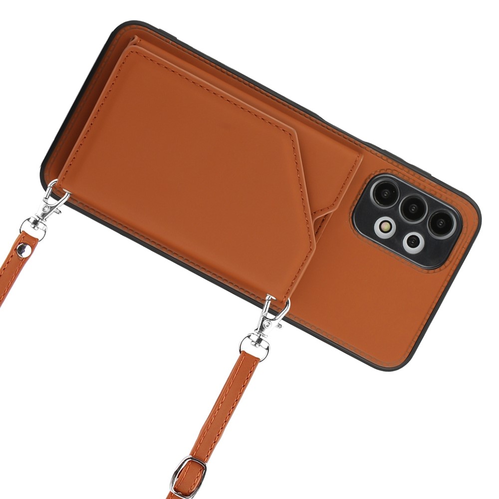 YB-1 Series Back Cover for Samsung Galaxy A13 4G, Skin-touch PU Leather Coated TPU Card Holder Kickstand Feature Anti-scratch Case with Shoulder Strap - Brown-7