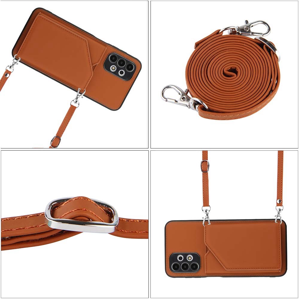 YB-1 Series Back Cover for Samsung Galaxy A13 4G, Skin-touch PU Leather Coated TPU Card Holder Kickstand Feature Anti-scratch Case with Shoulder Strap - Brown-8
