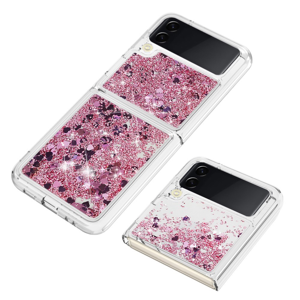 YB Quicksand Series-1 for Samsung Galaxy Z Flip4 5G, Anti-drop Soft TPU Anti-scratch Mobile Phone Case Liquid Quicksand Shell - Rose Gold / Hearts-3