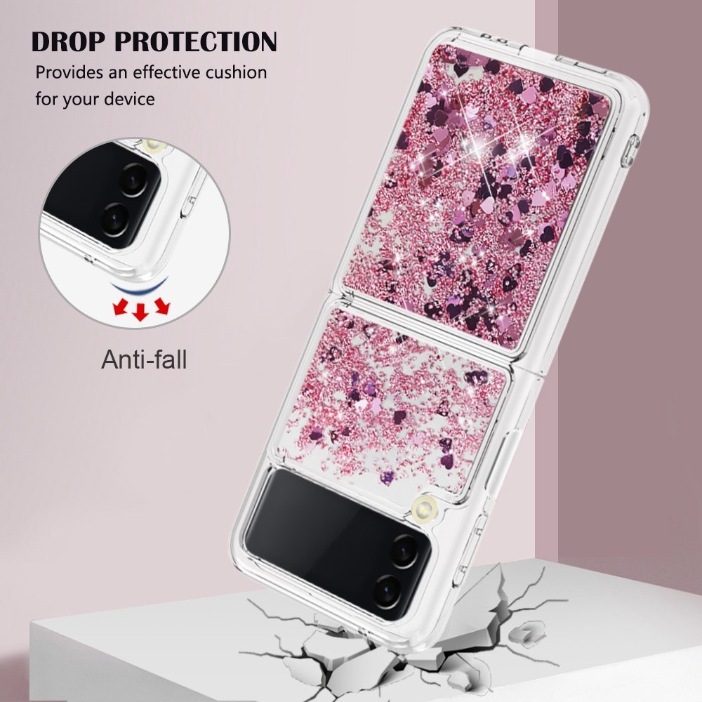 YB Quicksand Series-1 for Samsung Galaxy Z Flip4 5G, Anti-drop Soft TPU Anti-scratch Mobile Phone Case Liquid Quicksand Shell - Rose Gold / Hearts-4