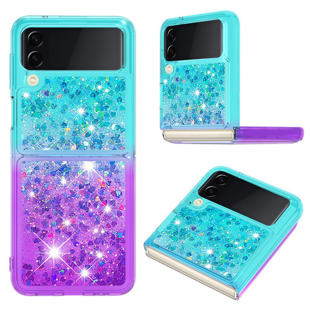 For YB Quicksand Series-3 for Samsung Galaxy Z Flip4 5G Soft TPU Back Cover Gradient Quicksand Liquid Flowing Sparkle Shell - Sky Blue / Purple-1