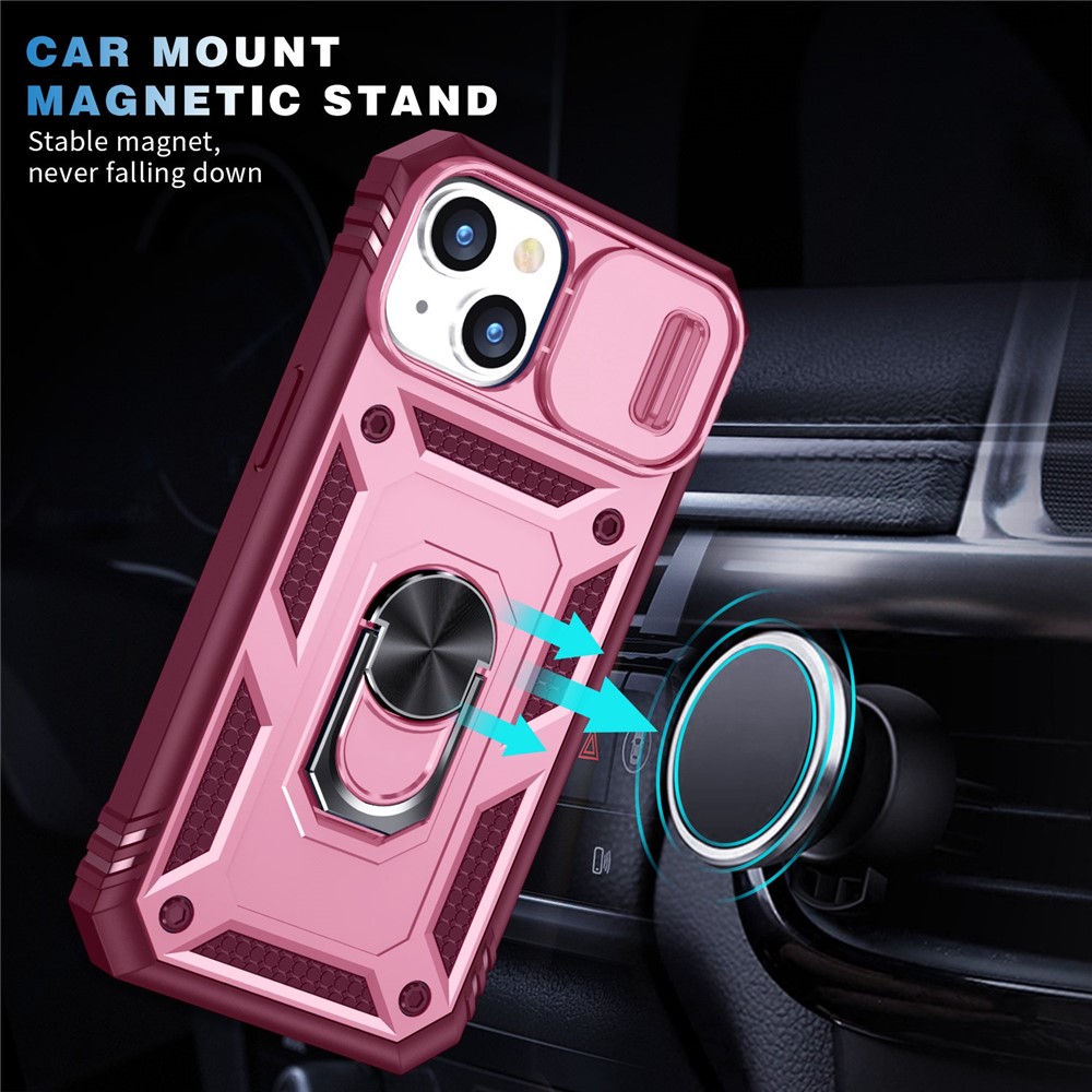For iPhone 14 Max 6.7 inch Anti-fall PC+TPU Kickstand Function Phone Protector Sliding Camera Lens Cover Design Case with Card Slot - Pink / Dark Red-10