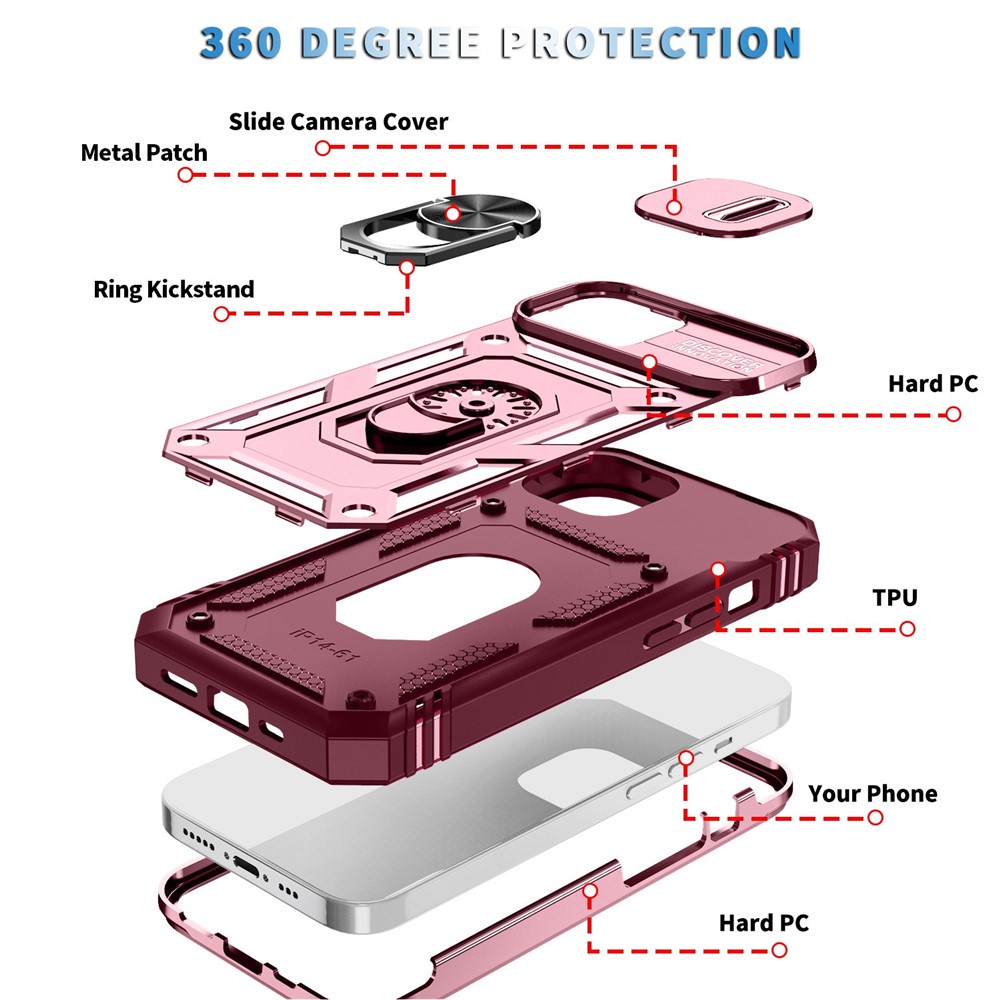 For iPhone 14 Max 6.7 inch Anti-fall PC+TPU Kickstand Function Phone Protector Sliding Camera Lens Cover Design Case with Card Slot - Pink / Dark Red-3