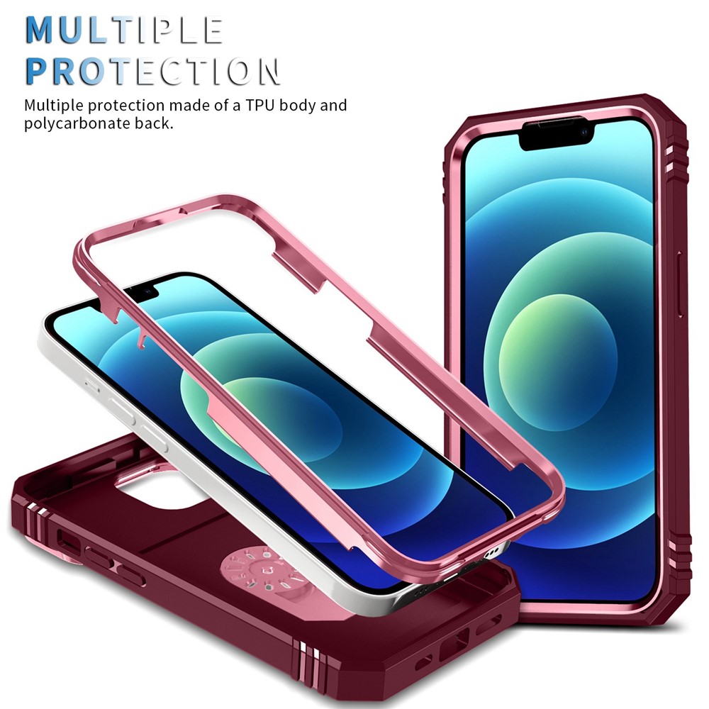 For iPhone 14 Max 6.7 inch Anti-fall PC+TPU Kickstand Function Phone Protector Sliding Camera Lens Cover Design Case with Card Slot - Pink / Dark Red-4