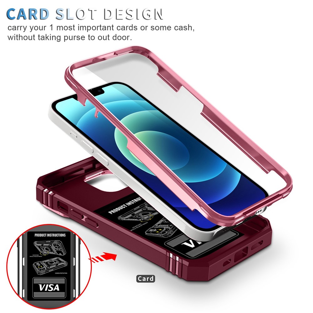 For iPhone 14 Max 6.7 inch Anti-fall PC+TPU Kickstand Function Phone Protector Sliding Camera Lens Cover Design Case with Card Slot - Pink / Dark Red-5