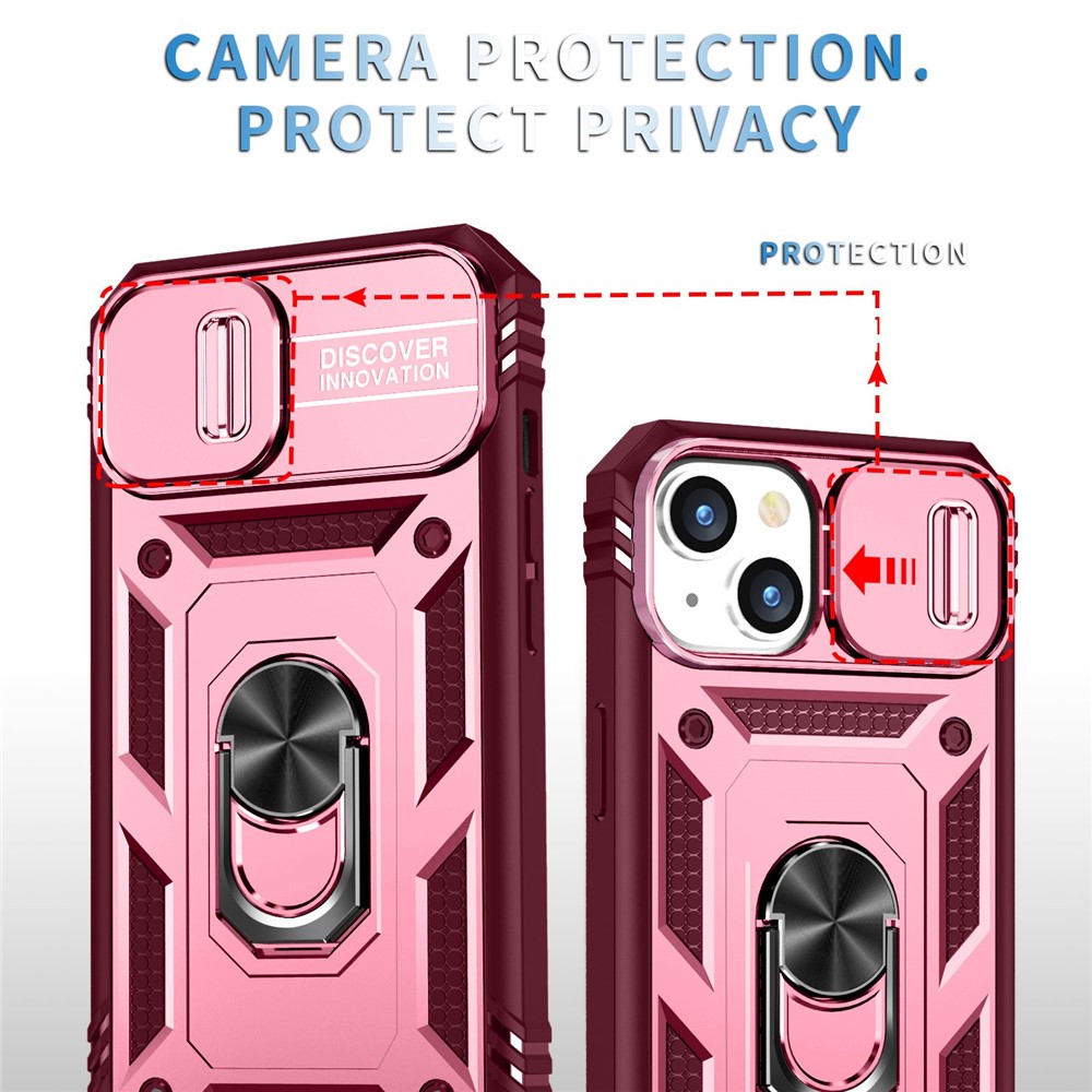 For iPhone 14 Max 6.7 inch Anti-fall PC+TPU Kickstand Function Phone Protector Sliding Camera Lens Cover Design Case with Card Slot - Pink / Dark Red-6