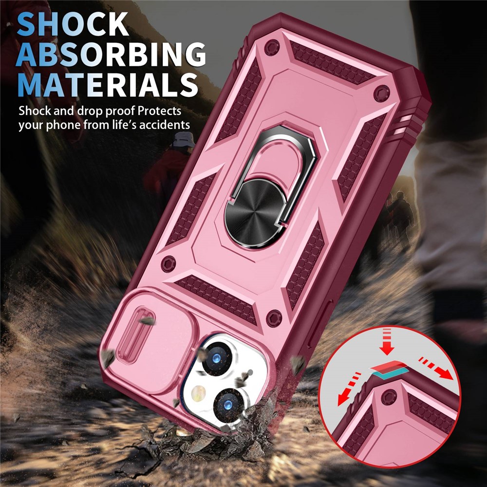 For iPhone 14 Max 6.7 inch Anti-fall PC+TPU Kickstand Function Phone Protector Sliding Camera Lens Cover Design Case with Card Slot - Pink / Dark Red-8