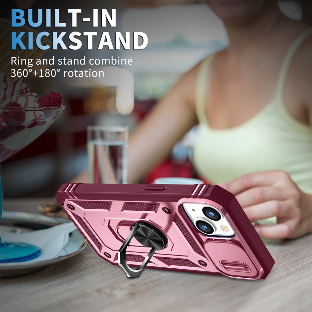 For iPhone 14 Max 6.7 inch Anti-fall PC+TPU Kickstand Function Phone Protector Sliding Camera Lens Cover Design Case with Card Slot - Pink / Dark Red-9