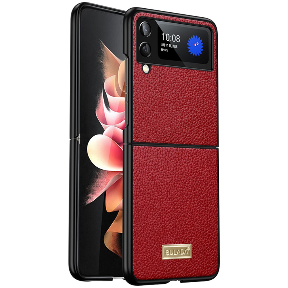 SULADA Luxury-Series Protective Back Cover For Samsung Galaxy Z Flip4 5G, Litchi Texture PU Leather Coating PC Folding Phone Case - Red-1