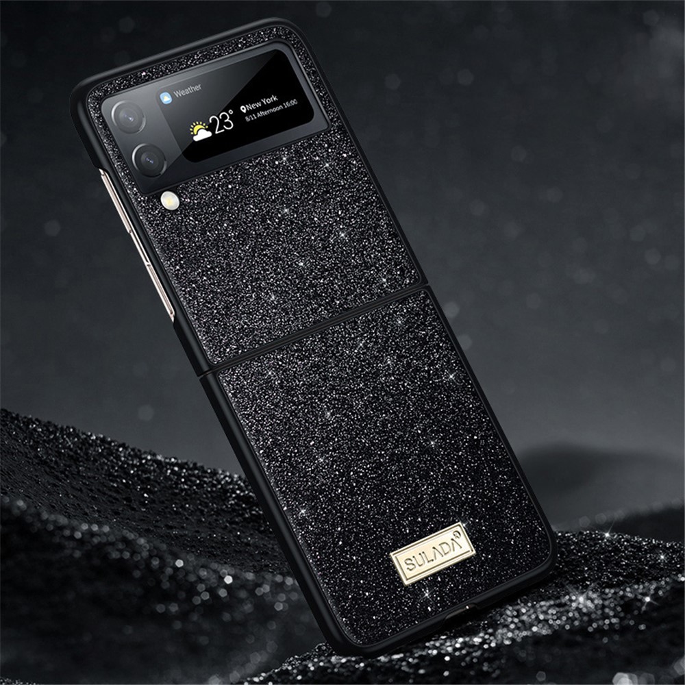 SULADA For Samsung Galaxy Z Flip4 5G Celebrities-Series Glitter Sequins Phone Cover Anti-scratch PU Leather Coated PC + TPU Hybrid Case - Black-2