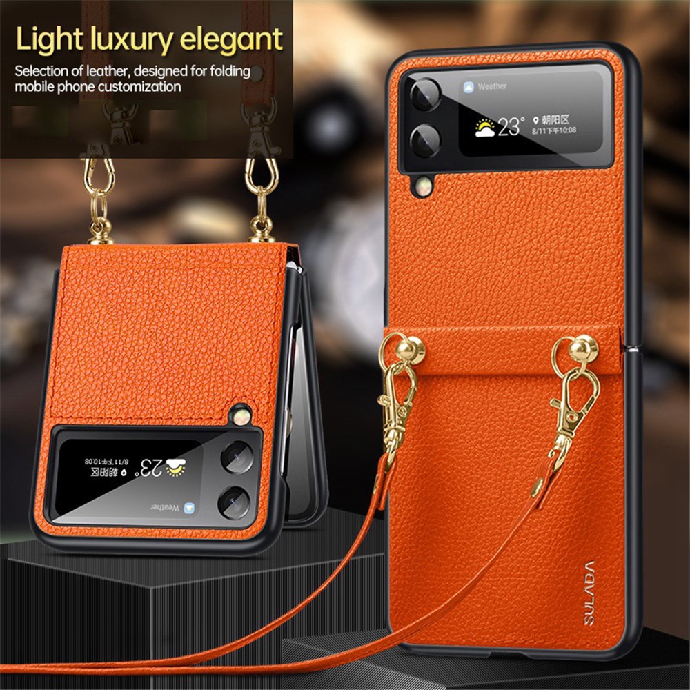 SULADA Treasure Box Series for Samsung Galaxy Z Flip4 5G Drop-proof Phone Cover Litchi Texture PU Leather Anti-scratch Folding Phone Case with Shoulder Strap - Orange-2