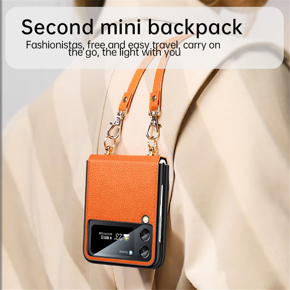 SULADA Treasure Box Series for Samsung Galaxy Z Flip4 5G Drop-proof Phone Cover Litchi Texture PU Leather Anti-scratch Folding Phone Case with Shoulder Strap - Orange-3