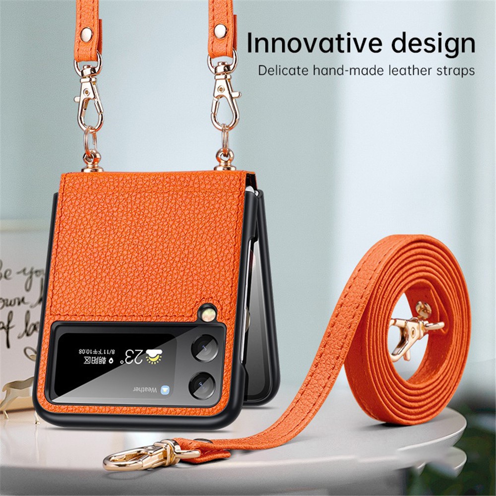 SULADA Treasure Box Series for Samsung Galaxy Z Flip4 5G Drop-proof Phone Cover Litchi Texture PU Leather Anti-scratch Folding Phone Case with Shoulder Strap - Orange-4