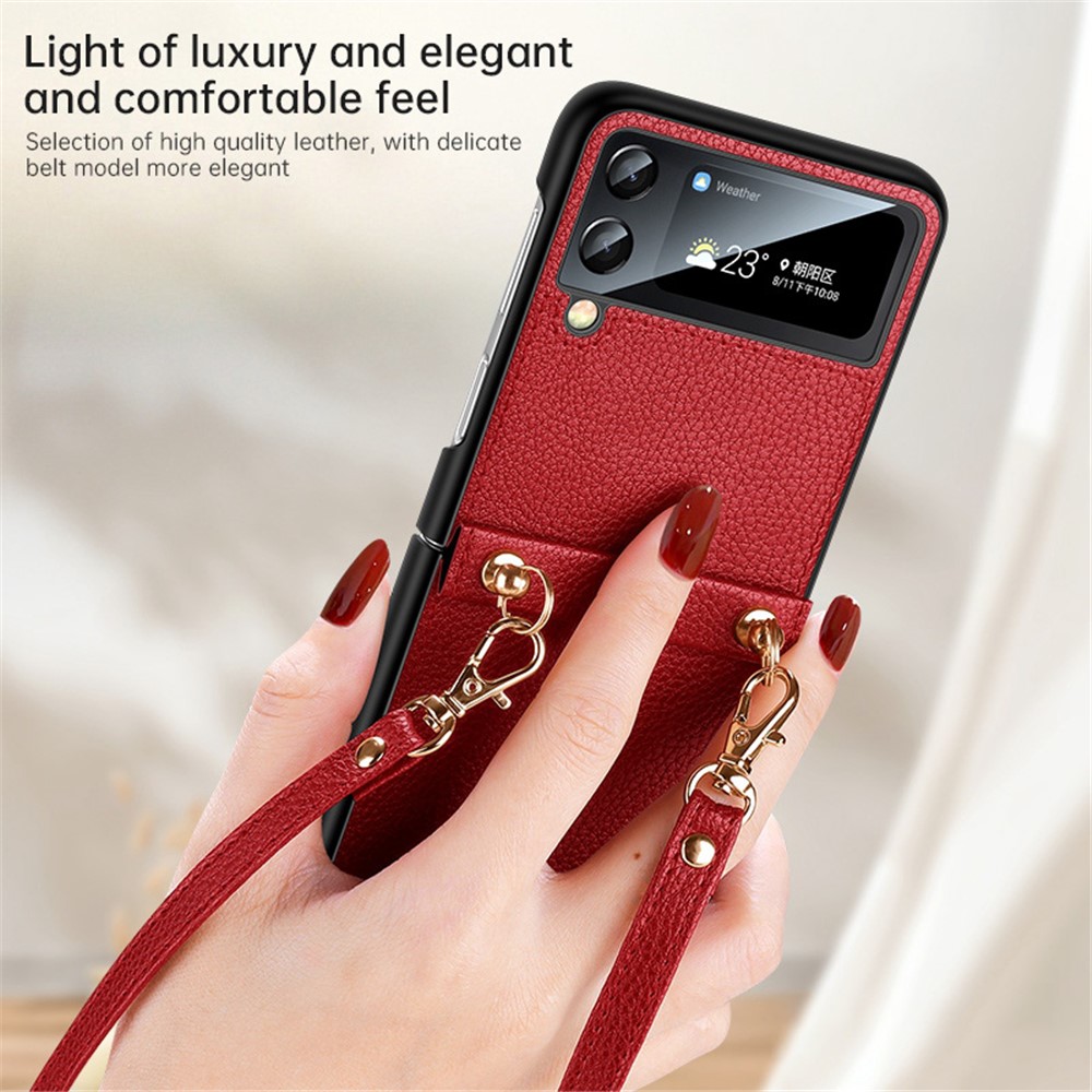 SULADA Treasure Box Series for Samsung Galaxy Z Flip4 5G Drop-proof Phone Cover Litchi Texture PU Leather Anti-scratch Folding Phone Case with Shoulder Strap - Orange-5