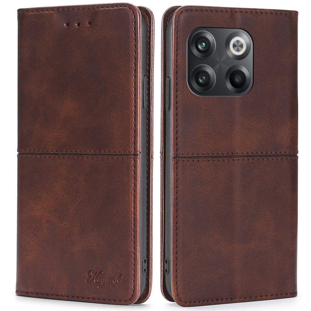 For OnePlus 10T 5G Anti-fall Phone Case Magnetic Auto-absorbed PU Leather Cowhide Textured Stand Phone Cover with Card Slots - Brown-1