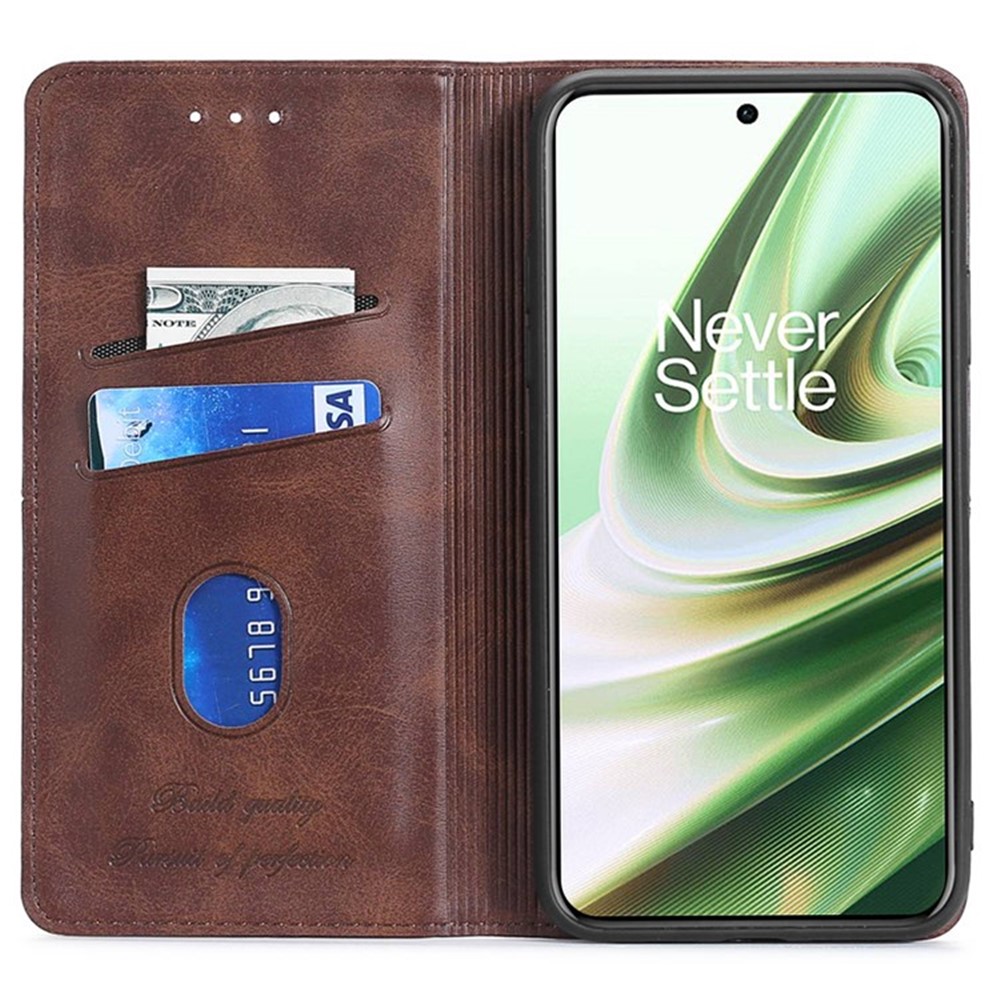 For OnePlus 10T 5G Anti-fall Phone Case Magnetic Auto-absorbed PU Leather Cowhide Textured Stand Phone Cover with Card Slots - Brown-2