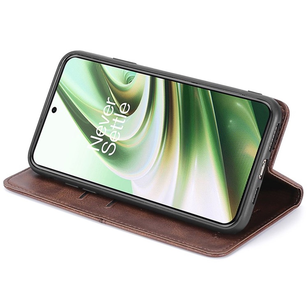 For OnePlus 10T 5G Anti-fall Phone Case Magnetic Auto-absorbed PU Leather Cowhide Textured Stand Phone Cover with Card Slots - Brown-3